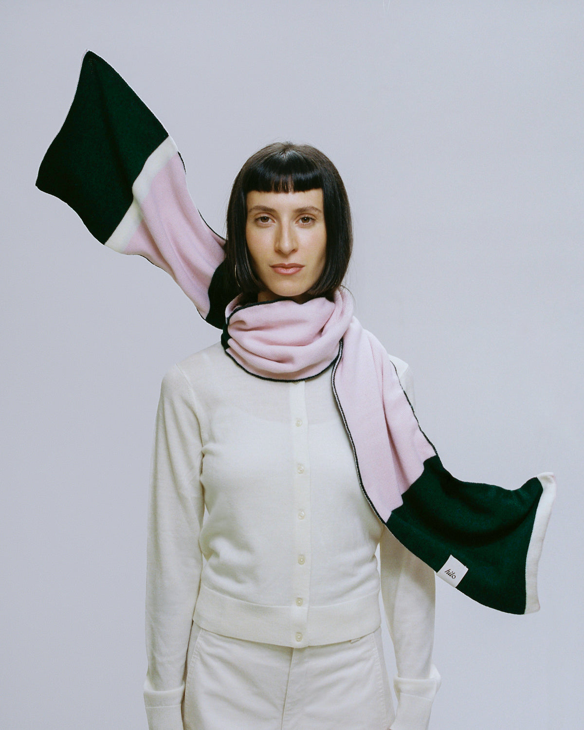 Amora scarf in dark green, pale pink and cream 100% Merino wool