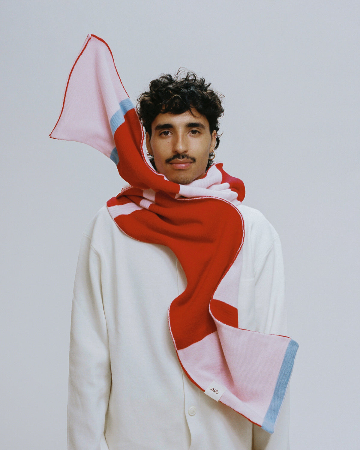 Eloisa scarf in deep red, dusty pink and sky blue 100% Merino wool